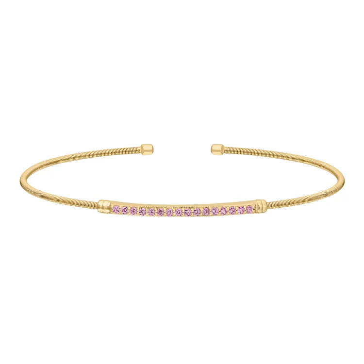 Ladies Bracelets for Leader Shine-Gold Finish Sterling Silver Cable Cuff Bracelet with Simulated Pink Sapphire Birth Gems - October