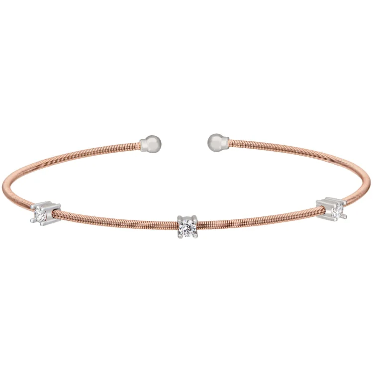 Ladies Bracelets Budget Shine-Rose Gold Finish Sterling Silver Cable Cuff Bracelet with Three Rhodium Finish Simulated Diamonds