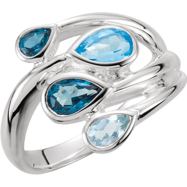 Ladies mermaid song rings -Sterling Silver Sky Blue, London Blue & Swiss Blue Topaz Bypass Ring