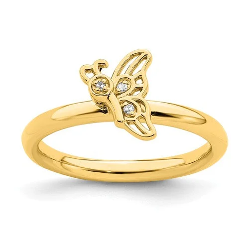 Ladies cherished antique rings -Yellow Gold Plated Sterling Silver Stackable Expressions Diamond Butterfly Ring