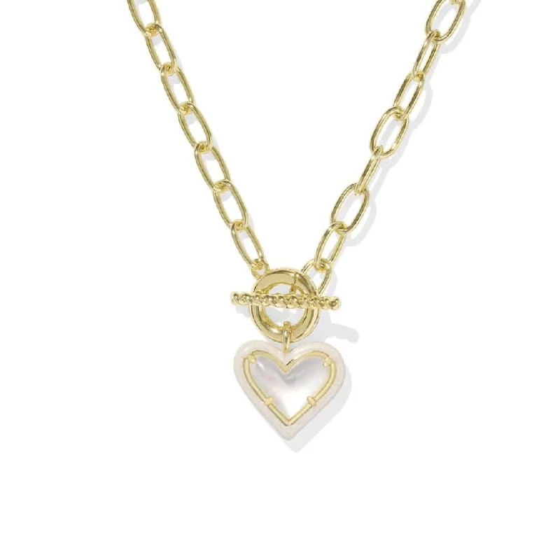 Ladies Necklaces with Heart Spark-Kendra Scott : Ari Heart Gold Enamel Frame Link and Chain Necklace in Ivory Mother-of-pearl