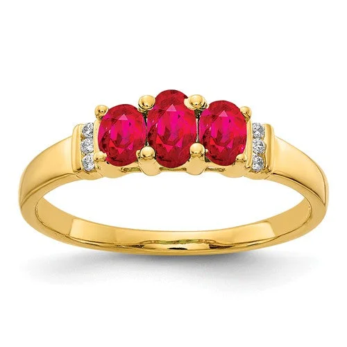 Ladies rich ruby rings -14k Yellow Gold Triple Genuine Oval Ruby And Diamond Ring