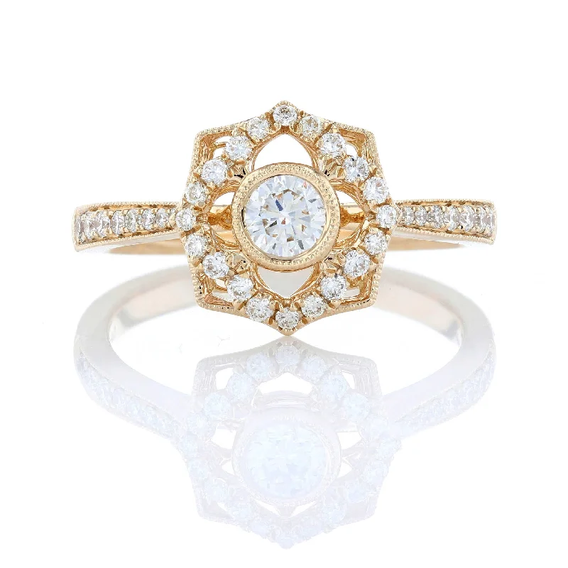 Fair trade engagement rings -Floral Milgrain Diamond Halo Engagement Ring