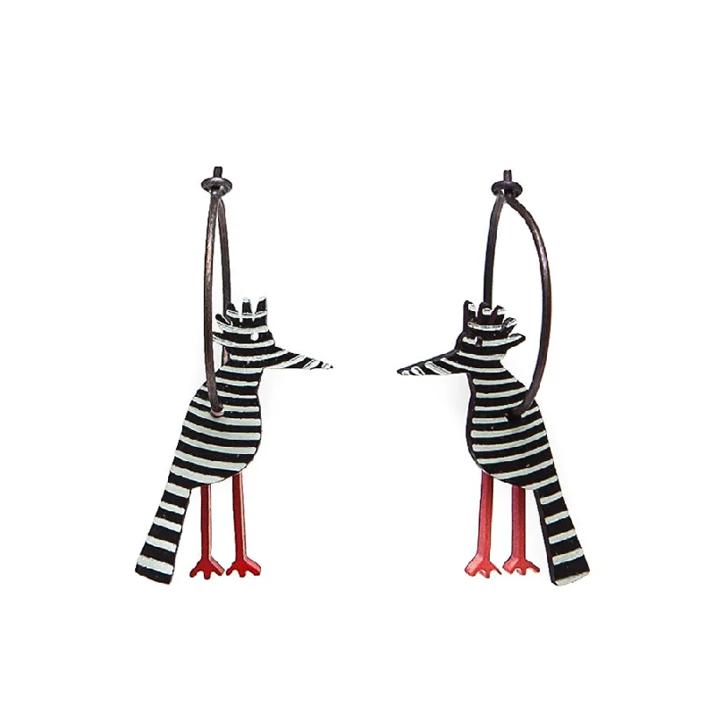 Ladies vibrant turquoise earrings -Lene Lundberg K-Form Quirky Black Stripey Bird Earrings