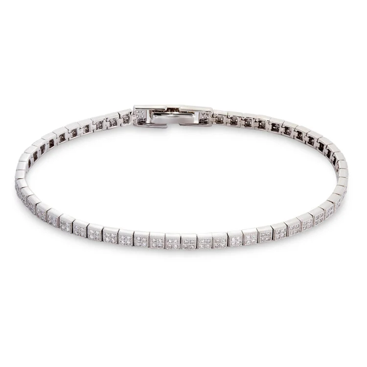 Ladies Bracelets for Bestie Spark-Platinum Finish Sterling Silver Micropave Squares Bracelet with 230 Simulated Diamonds 7.25"