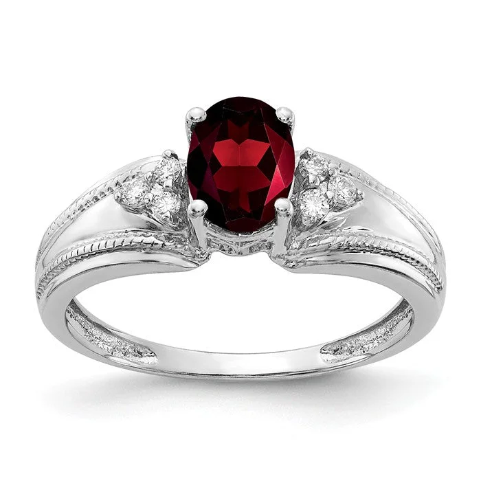 Ladies lone stone rings -14k White Gold 7x5mm Oval Garnet and Diamond Ring