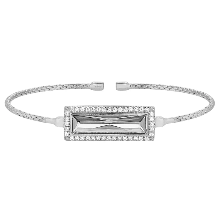 Ladies Bracelets Wave Shine-Rhodium Finish Sterling Silver Cable Cuff Bracelet with Rectangular Simulated Diamond Stone and Simulated Diamonds