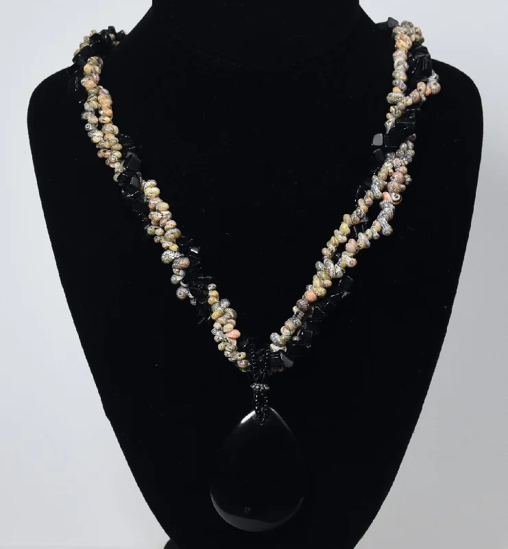 Ladies Necklaces with Purple Charoite-Triple Strand Shell and Black Onyx Necklace with Black Onyx Pendant