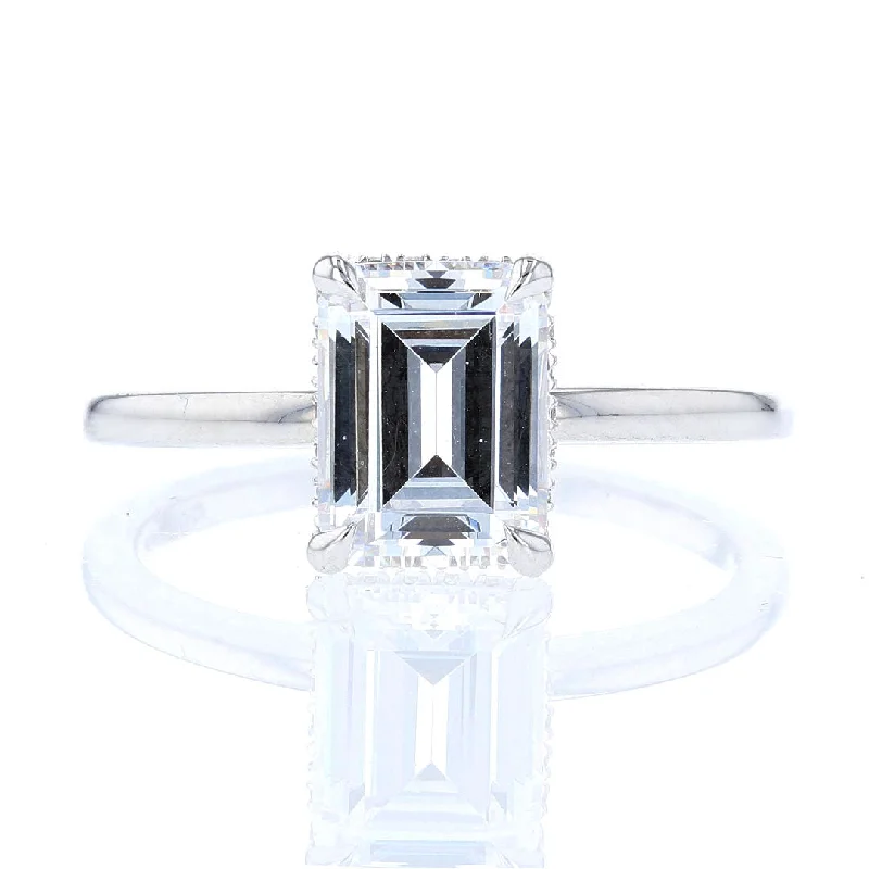 Multi-stone engagement rings -Emerald Cut Hidden Diamond Halo Engagement Ring