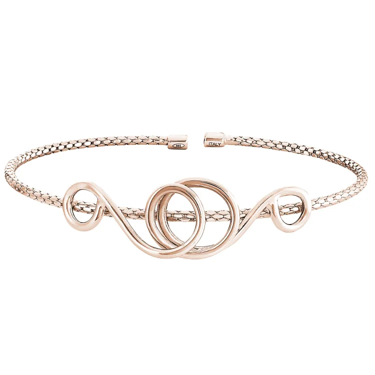 Ladies Bracelets for Office Shine-Rose Gold Finish Sterling Silver Corean Cable Cuff Bracelet with a High Polished Central Swirl