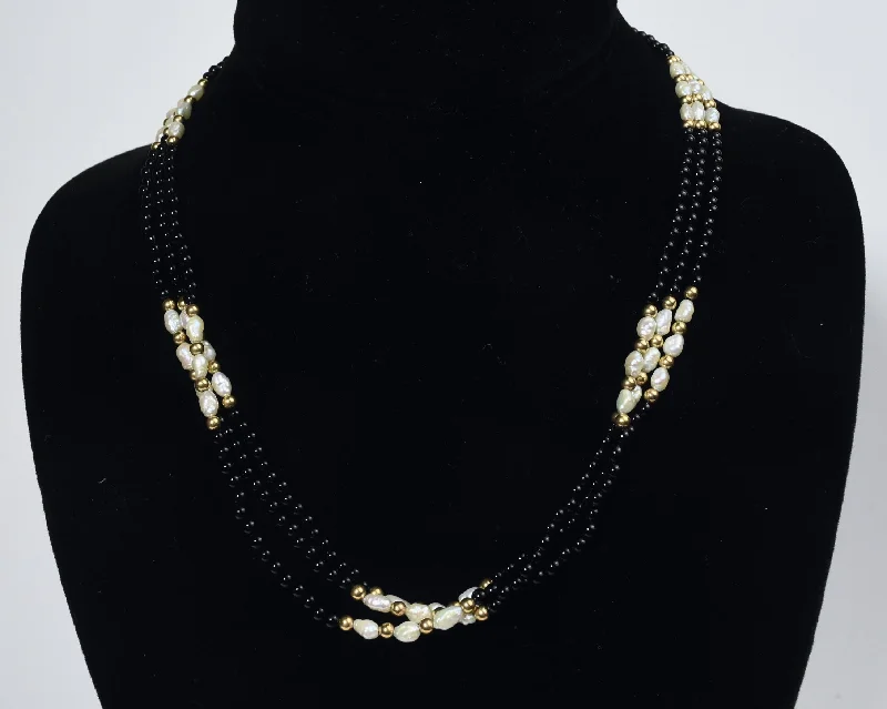 Ladies Necklaces with Plum Axinite-14k Gold, Black Onyx and Freshwater Pearl Triple Strand Necklace