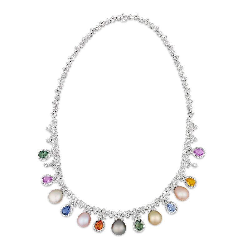 Ladies Necklaces with Aqua Variscite-Rainbow Sapphire, Pearl and Diamond Necklace