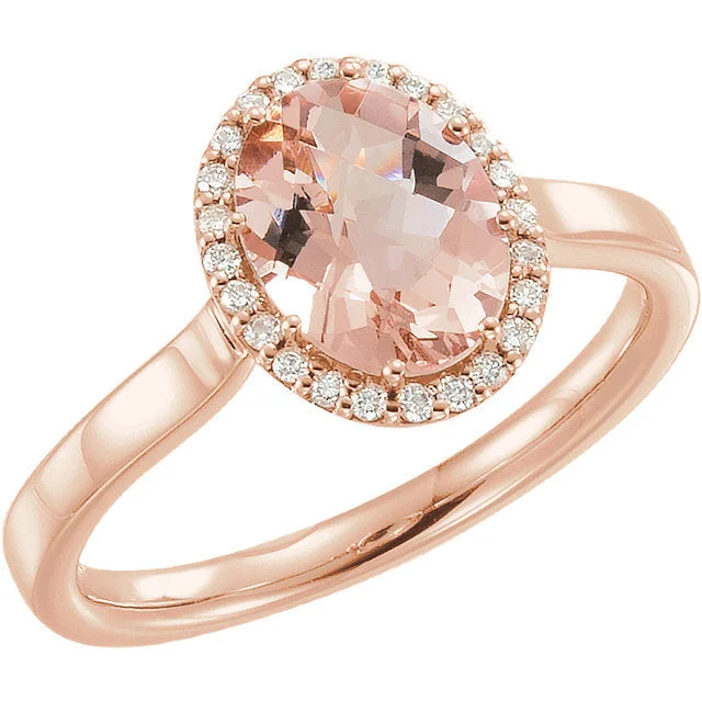 Ladies asymmetrical flair rings -14k Rose Gold Oval Morganite & 1/8 CTW Diamond Halo Ring