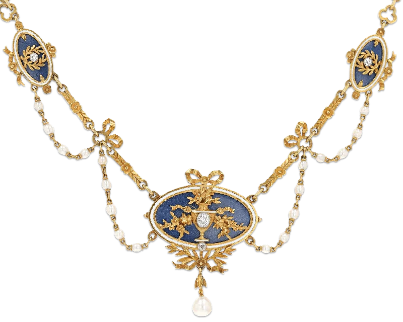 Ladies Necklaces Gift Spark-Art Nouveau Enamel, Diamond and Pearl Necklace