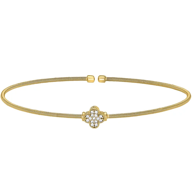 Ladies Bracelets Luxe Spark-Gold Finish Sterling Silver Cable Cuff Bracelet with Simulated Diamond Clover Design