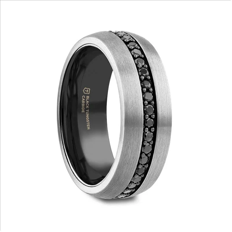 Ladies shimmering flash rings -Thorsten PILOT Gunmetal Tungsten Ring with Black Sapphires - 8mm