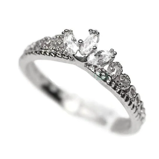 Ladies daring edge rings -White Gold Plated CZ Dainty Princess Crown Ring