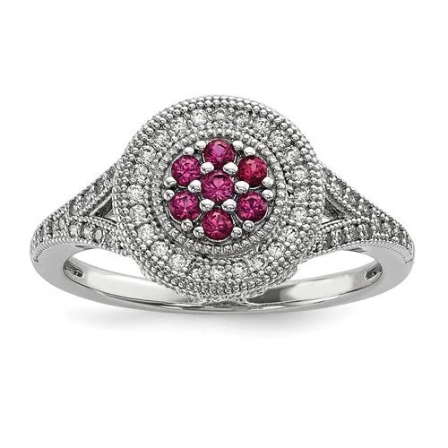 Ladies Mother’s Day charm rings -Sterling Silver White & Pink CZ Brilliant Embers Round Floral Halo Ring