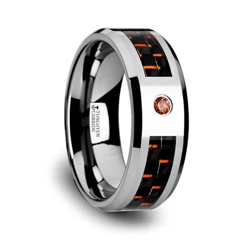 Ladies Celtic knot rings -Thorsten NOAH Tungsten Ring Black Orange Carbon Fiber Padparadscha Sapphire Setting - 8mm