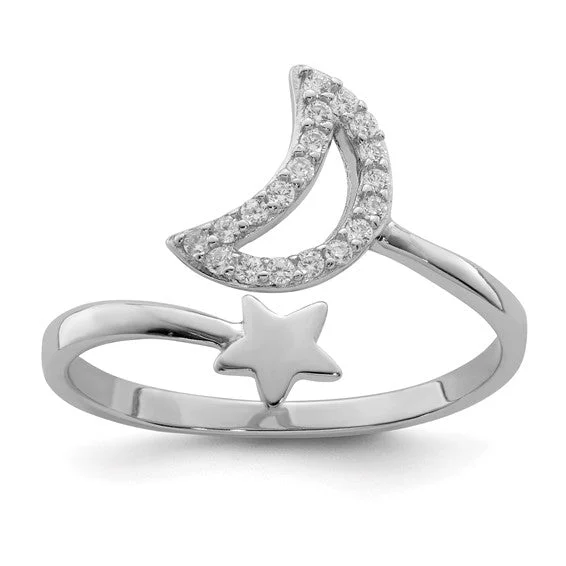 Ladies peaceful flow rings -Sterling Silver CZ Moon And Star Ring