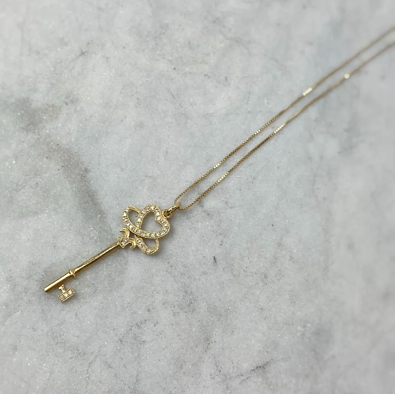 Ladies Necklaces with Wave Spark-Pave Diamond & 14K Yellow Gold Key Pendant Necklace