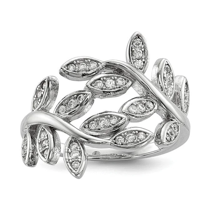 Ladies coin edge rings -Sterling Silver Wrapped Leaves CZ Ring