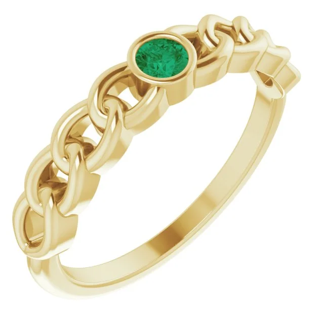 Ladies lock accent rings -14K Yellow Gold Natural Emerald Curb Chain Ring