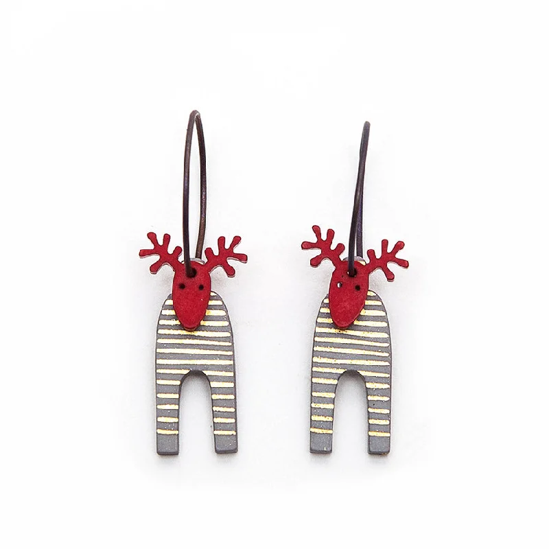 Ladies matching couple earrings -Lene Lundberg K-Form Grey Gold Striped/Red Head Reindeer Earrings