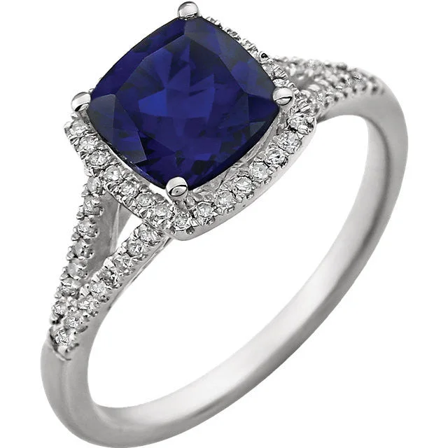 Ladies mystic lunar rings -14K White Gold 7mm Cushion Cut Created Blue Sapphire & Diamond Halo Ring