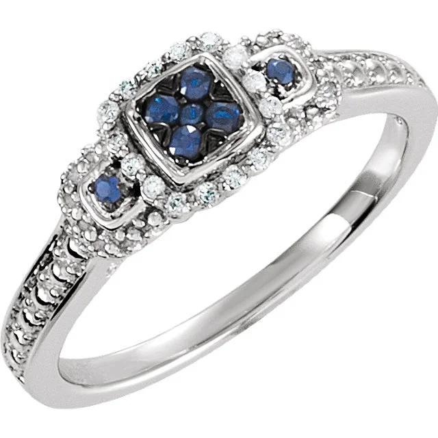 Ladies sunbeam glow rings -Sterling Silver Blue Sapphire & .06 CTW Diamond Multi Stone Halo Ring