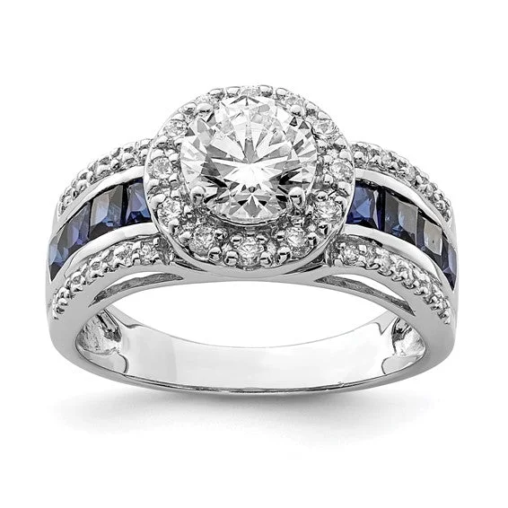 Ladies festive holiday rings -Sterling Silver Lab-Created Blue Sapphire & CZ Halo Ring