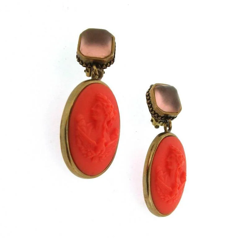 Ladies featherlight minimal earrings -Extasia Cameo Earrings Coral German Glass Bronze Pink Swarovski Crystal Clip On