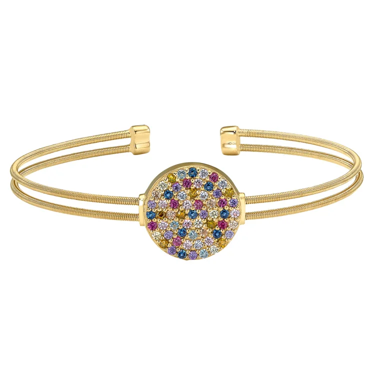 Ladies Bracelets with Soft Morganite-Gold Finish Sterling Silver Two Cable Cuff Confetti Bracelet with Multi Colored Simulated Diamonds