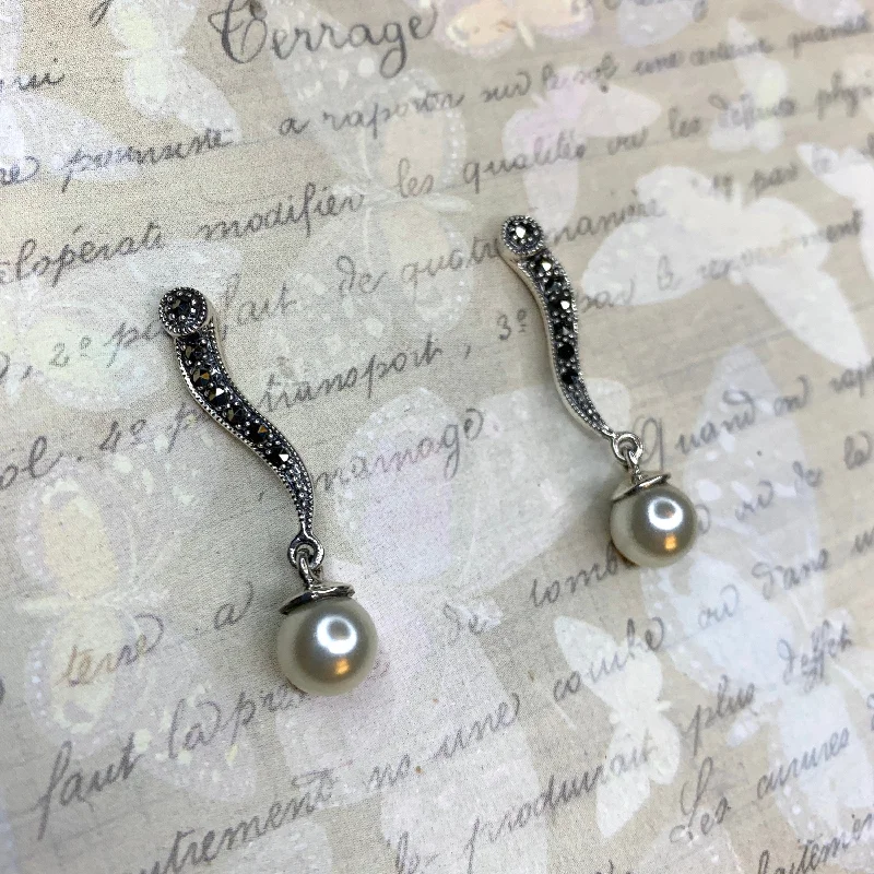 Ladies equine spirit earrings -Glass pearl drop Earrings silver Marcasite vintage bride