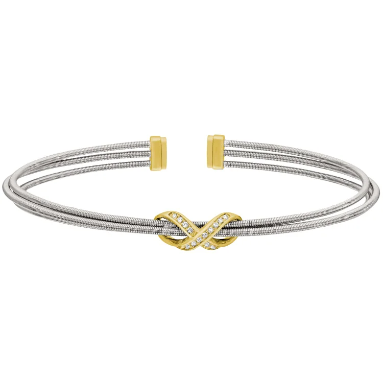 Ladies Bracelets for Aunt Spark-Rhodium Finish Sterling Silver Three Cable Cuff Bracelet with Gold Finish Simulated Diamond Infinity