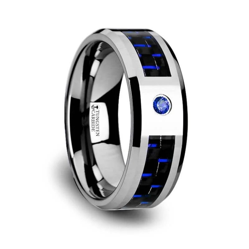 Ladies fragile thin rings -Thorsten NEPTUNE Tungsten Carbide Ring Black Blue Carbon Fiber Blue Sapphire Setting with Bevels - 8mm