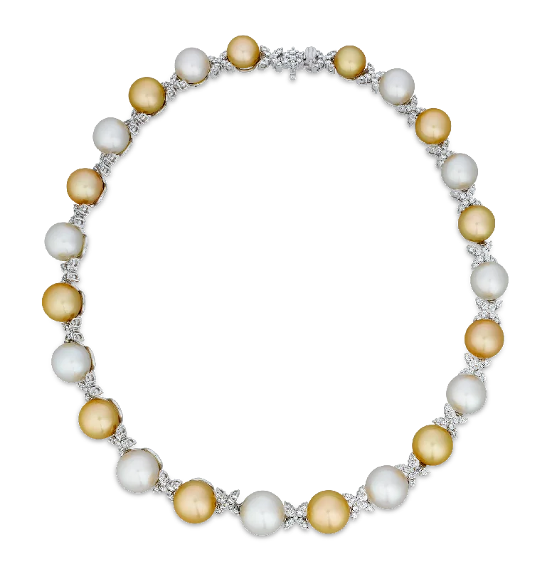 Ladies Necklaces with Golden Amber-White and Gold South Sea Pearl and Diamond Necklace