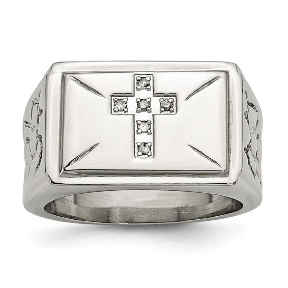 Ladies commanding bold rings -Stainless Steel Diamond Cross With Textured Sides Ring