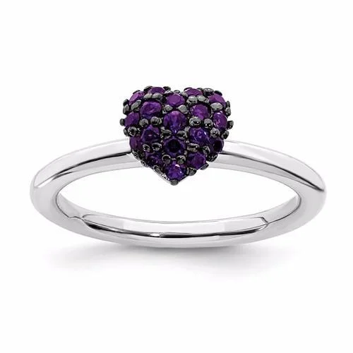 Ladies cutting-edge trend rings -Sterling Silver Amethyst Stackable Expressions Heart Ring