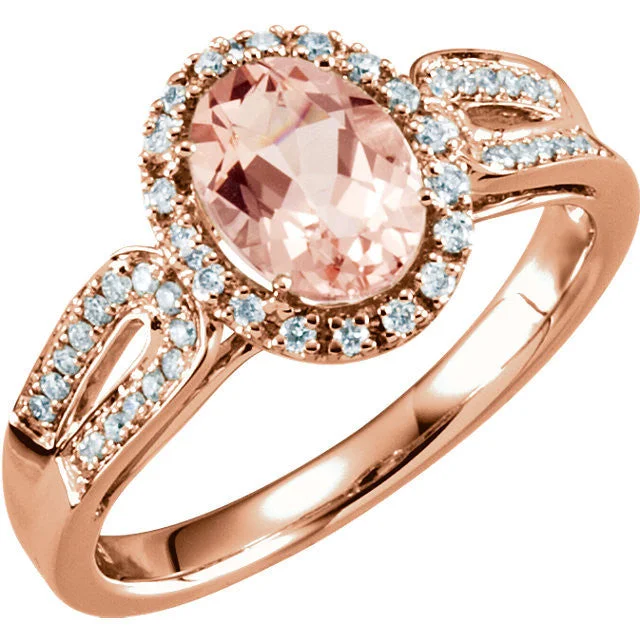 Ladies lock accent rings -14k Gold Oval Morganite & 1/5 CTW Diamond Halo Double Shank Ring - White or Rose