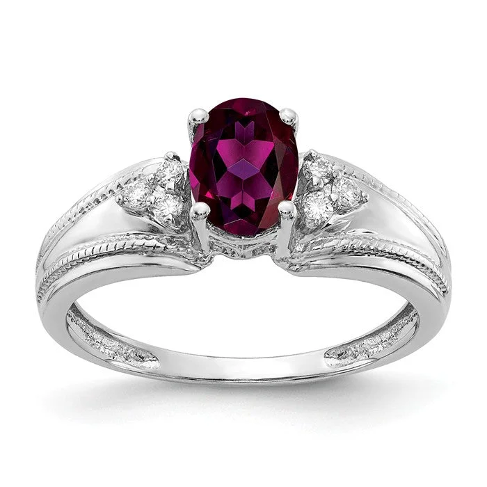 Ladies frosted matte rings -14k White Gold 7x5mm Oval Rhodolite Garnet and Diamond Ring