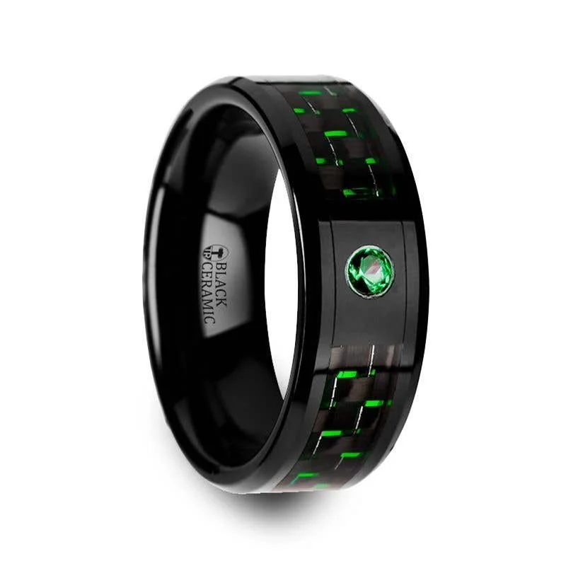 Ladies timeless vintage rings -Thorsten HADAR Black Ceramic Ring Black and Green Carbon Fiber Emerald Setting - 8mm