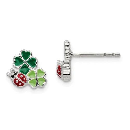 Ladies daring edge earrings -Sterling Silver Enamel Ladybug And 4 Lead Clovers Kid's Post Earrings