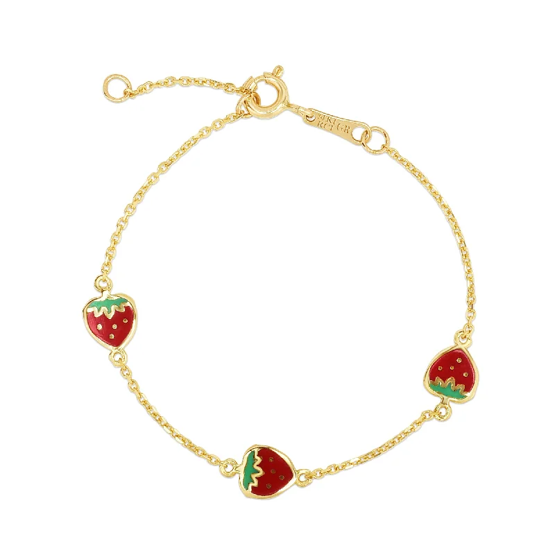 Ladies Bracelets with Leaf Glow-14K Gold Enamel Strawberry Bracelet