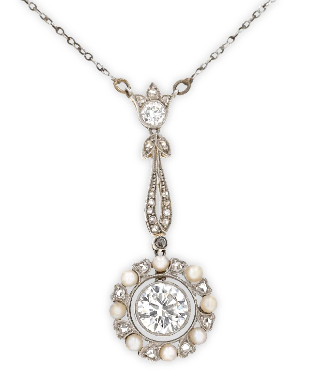 Ladies Necklaces with Green Grandidierite-Edwardian Pearl and Diamond Necklace, 1.00 carat