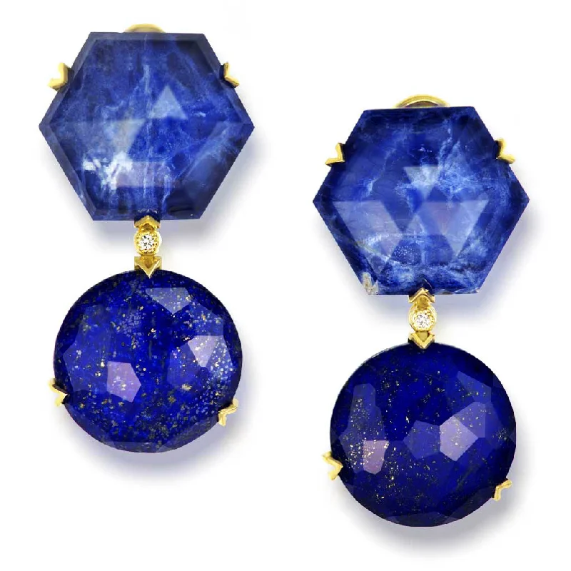 Ladies round glow earrings -Gold Denim Drop Earrings with Lapis Lazuli & Diamonds