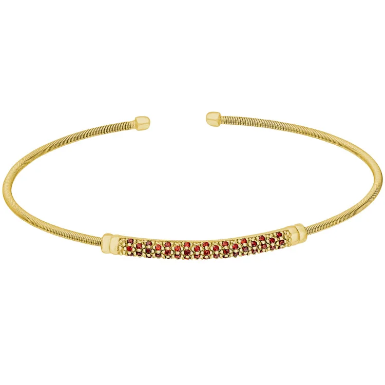 Ladies Bracelets with Etched Spark-Gold Finish Sterling Silver Cable Cuff Bracelet with Three Rows of Simulated Ruby Birth Gems - July