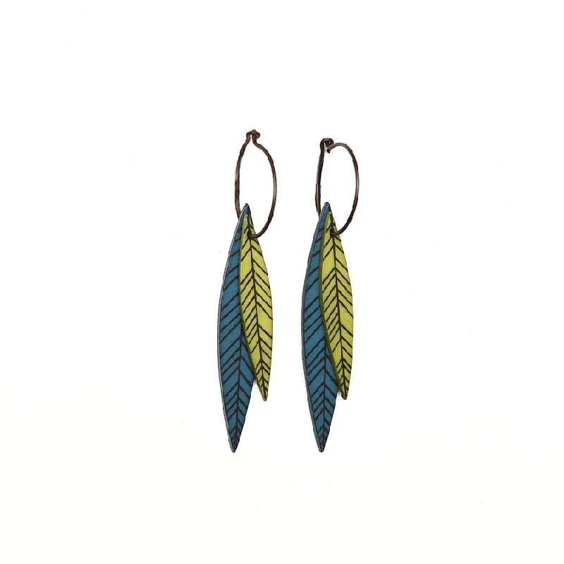 Ladies leaf cascade earrings -Lene Lundberg K-Form Teal and Chartreuse Long Leaf Earrings