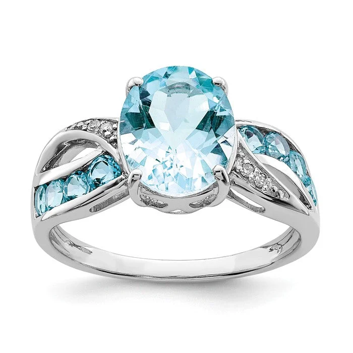 Ladies equine spirit rings -Sterling Silver Diamond & Light Swiss Blue Topaz Oval Ring