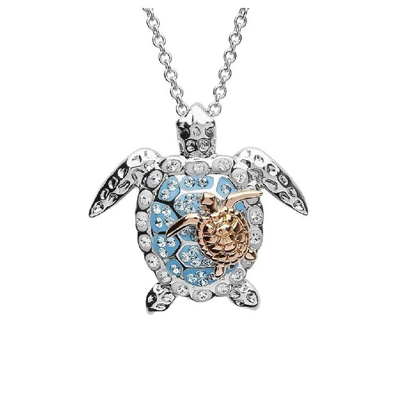 Ladies Necklaces with Compass Glow-Ocean : Blue Crystal Turtle With Baby Pendant Silver and Rose Gold Necklace